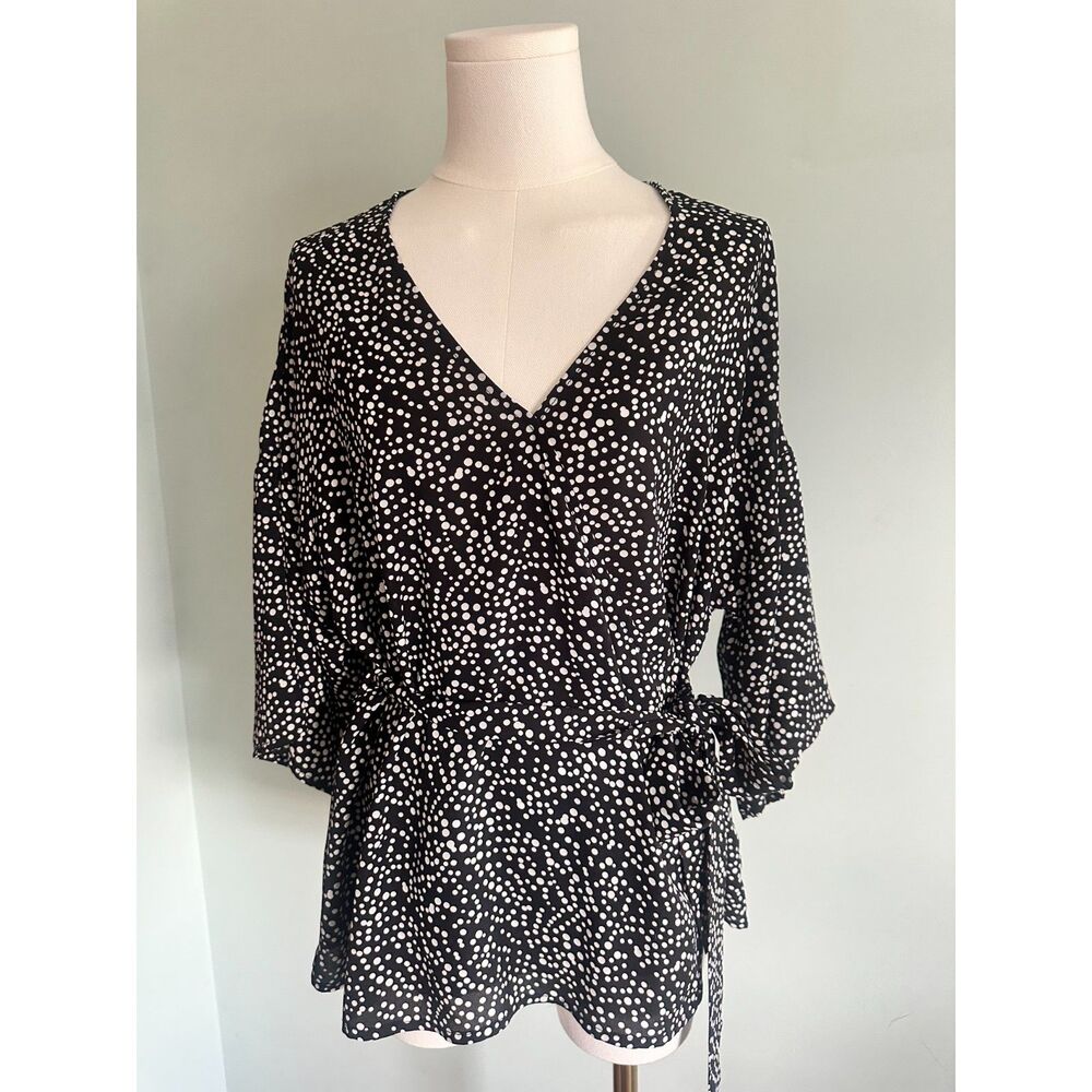 Halogen Top Womens Black White Polka Dot Kimono Inspired Faux Wrap M